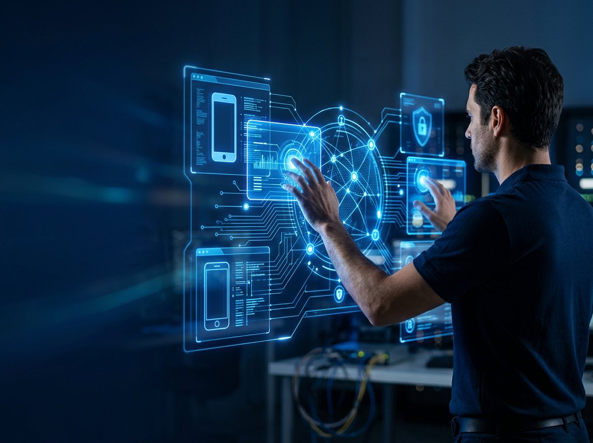Technician working with an illuminated remote-support interface